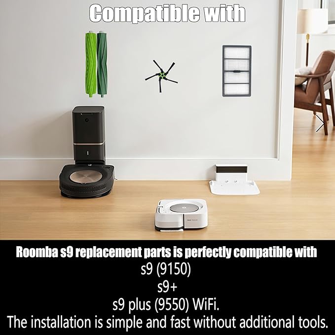 Replacement Parts Fit for iRo-bot Roomba s9 (9150) s9+ s9 Plus (9550) s Series Wi-Fi Connected Robot Vacuum Kits,2 Rubber Brushes, 6 Filters, 8 Side Brushes