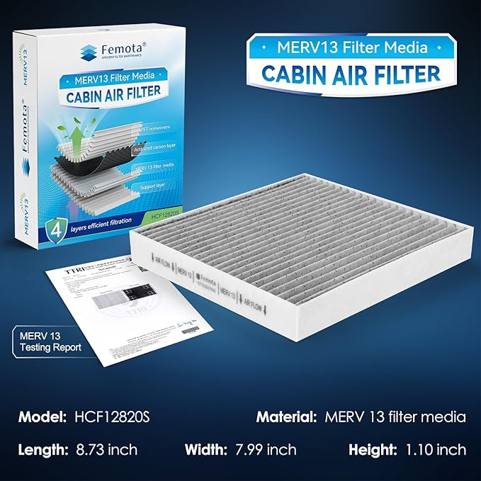 Certified MERV 13 Cabin Air Filter with Activated Carbon, CF12820 for Hyundai Elantra, Ioniq 5/6, Santa Cruz, Santa Fe, Sonata, Tucson; Kia K5, Spartage, Sorento, EV6, Niro; Genesis GV60.
