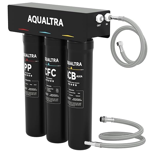 AQUALTRA USF-3B-15 Slightly Alkaline Under Sink Water Filter System, 8K-40K Gallons, 0.5 μm Carbon Fiber Filter Reduces Chlorine, Chloramine, Fluoride, Bad Taste & Odor