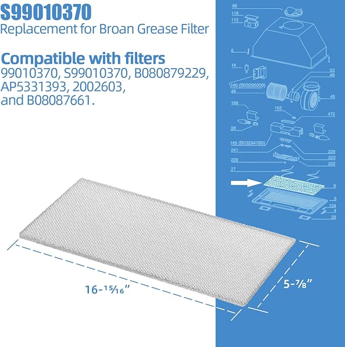 S99010370 Range Hood Grease Filter Replacement for Broan - PM250, PM390, 99010370, 2002603, B08087661, B08087922, AP5950107, SB08087661 Aluminum Grease Filter（2 Pack）