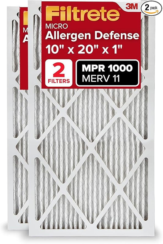 Filtrete 10x20x1 AC Furnace Air Filter, MERV 11, MPR 1000, Micro Allergen Defense, 3-Month Pleated 1-Inch Electrostatic Air Cleaning Filter, 2 Pack (Actual Size 9.81x19.81x0.81 in)