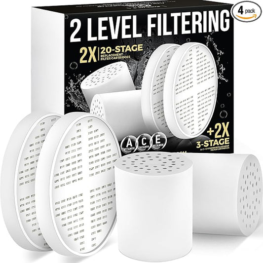 AquaHomeGroup 20-Stage Shower Filter Replacement Cartridge & Vitamin C + E + A Cartridges (2-Pack, No Housing) - Improve Shower Water Quality and Support Healthier Skin and Hair