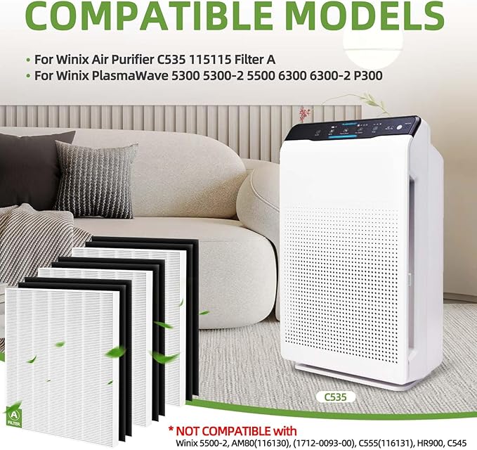115115 HEPA Replacement Filter A for Winix Plasmawave Air Purifier C535 5300 5300-2 5500 6300 6300-2 P300 C909 9800, 3 C535 HEPA Filters + 6 Activated Carbon Filters