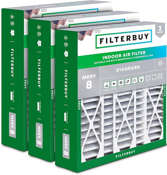 Filterbuy 20x25.25x3.5 Air Filter MERV 8 Essential Dust & Allergy Defense (3-Pack), Pleated HVAC AC Furnace Filters for AprilAire Space-Gard 102 & 2120 (Actual Size: 19.94 x 25.38 x 3.75)