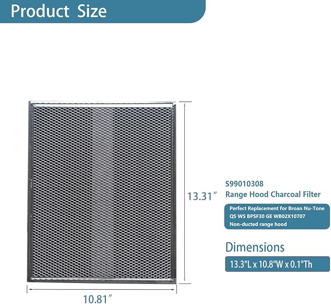 S99010308 WB02X10707 Range Hood Charcoal Filter Compatible with Broan Nu-Tone BPSF30 QS WS And GE WB02X10707 S-ears NON-Ducted Carbon Replacement Filters Range Hood Filter Size 10.8" X 13.3" 2 Pack