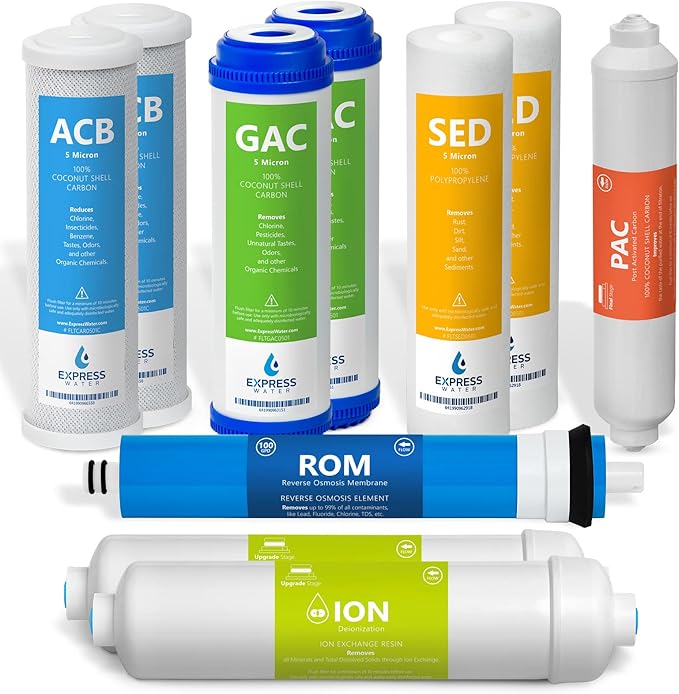 Express Water - 1 Year Deionization Reverse Osmosis System Replacement Filter Set - 6 Filters with 100 GPD RO Membrane - 10 inch Size Water Filters