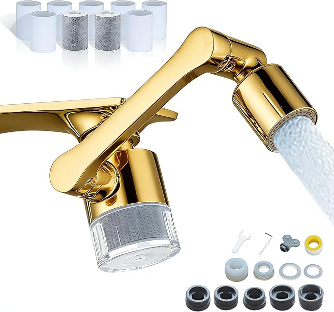 ATQ Sink Faucet Extender Aerator Reduce 99% Lead, Chlorine, 1080° Rotating 2 Modes Spray Attachment for kitchen/Bathroom/Toddlers, 9pcs Filter (Aerator1080 - Bright Gold)