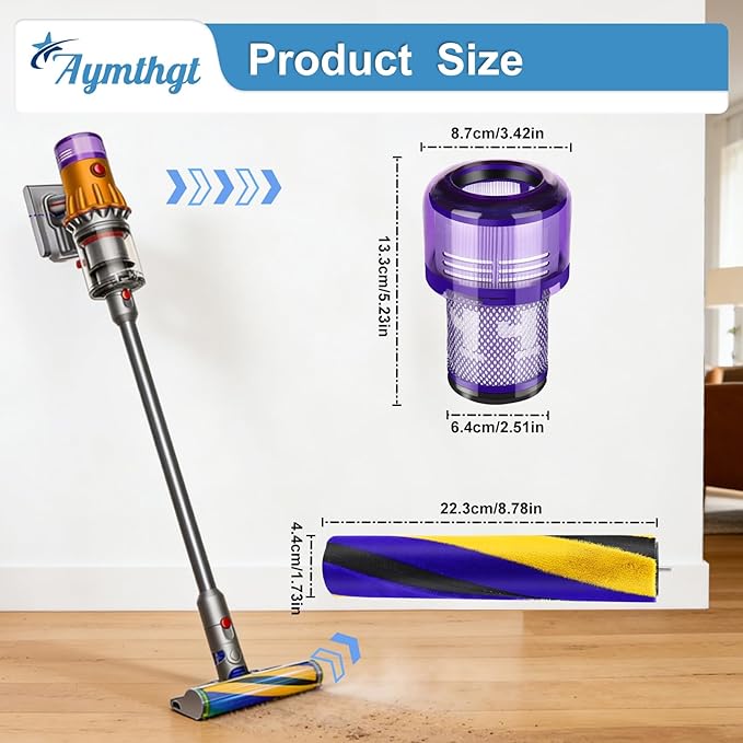 V12 Soft Roller Brush Bar + 2 Pack HEPA Filters Compatible with V12 Detect Slim, Replacement Parts No. 971634-01, for Hard Floors & Carpets, Vacuum Cleaner Attachments
