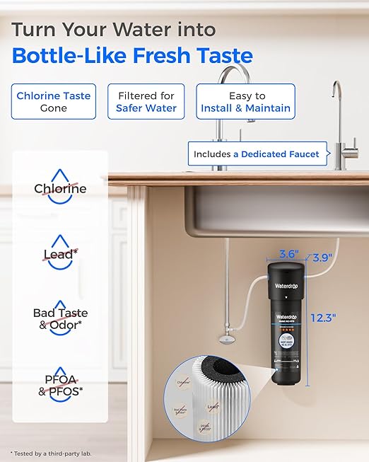 Waterdrop 10UB Under Sink Water Filter, Under Sink Water Filtration System for 11K Gallons, NSF/ANSI 42 Certified, Reduces PFAS, PFOA/PFOS, Lead, Under Sink Water Filter with Faucet