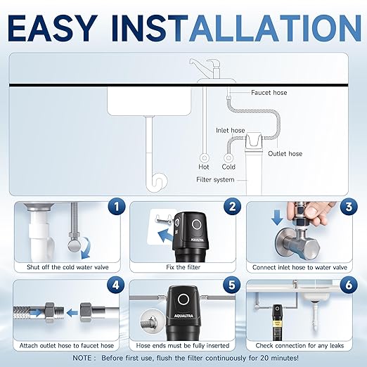 AQUALTRA USF02-BK Under Sink Water Filter System, 20K Gallons, NSF/ANSI/CAN 372 Certified, 0.5 μm Carbon Fiber Filter Reduces PFAS (PFOA/PFOS), Chlorine, Lead, Chloramine, Fluoride, Bad Taste & Odor
