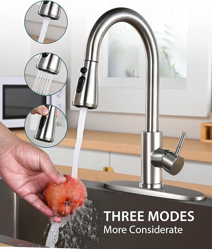 Kitchen Sink Faucet with Pull Down Sprayer with Deck Plate, Brushed Nickel High ArcFaucet, Stainless Steel Modern RV Bar Sink Faucets for Pot Filler, Farmhouse Camper Bar Laundry Room