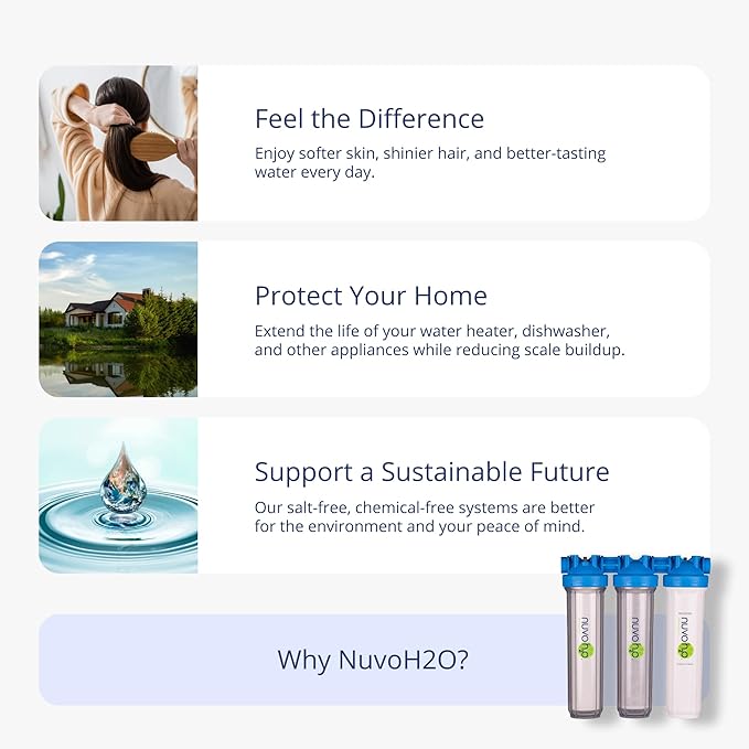 NuvoH2O Whole Home Trio Replacement Cartridges – Sediment + Carbon Filters for Whole Home System – Removes Debris, Chlorine, VOCs, Improves Taste – 50,000 Gallons, Salt-Free