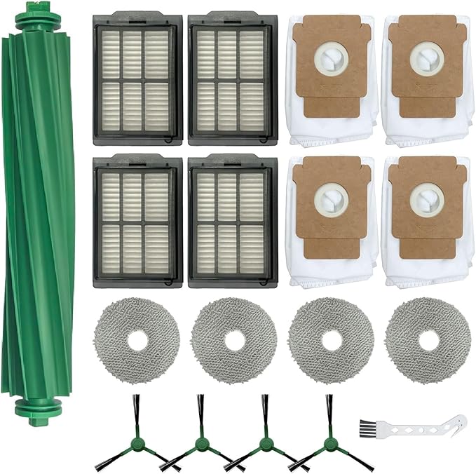 ANBOO Replacement Parts Accessories Compatible with Robot Roomba Plus 405 505 Combo Vacuum Cleaner, 1 Roller Brush, 4 Hepa Filters, 4 Side Brushes, 4 Mop Pad, 4 Dust Bags,1 Cleaning Brush