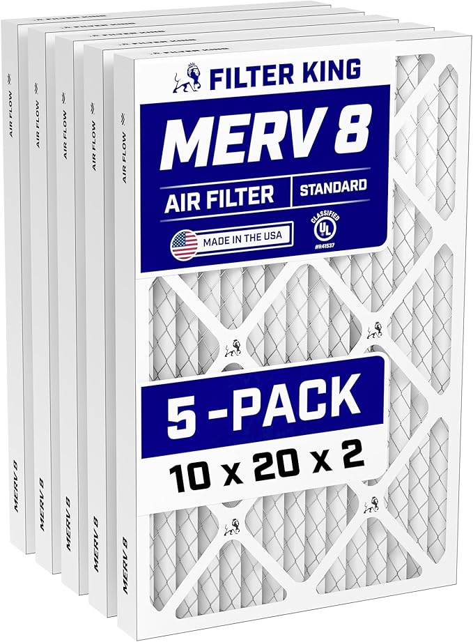 Filter King 10x20x2 Air Filter (MERV 8) (5-Pack) Dust & Allergy Control AC Furnace Filters, MADE IN USA, HVAC, Pleated, Electrostatic (Actual Size: 9.5 x 19.5 x 1.75)