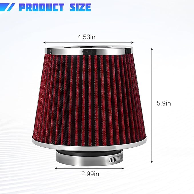 Clamp-On Car Air Intake Filter, 3 In/3.5 In/4 In Three Different Size High-Flow Washable Vehicle Air Cone Filter Cleaner, Round Tapered Auto Cool Cleaner Replacement, Universal Fit (Red)