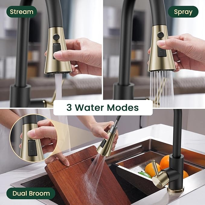 APPASO Black and Gold Kitchen Faucet, CUPC Certified Touchless Sink Faucet with Soap Dispenser and Pull Down Sprayer 3 Modes, High Arch Single Handle Hands Free Motion Sensor Kitchen Faucets