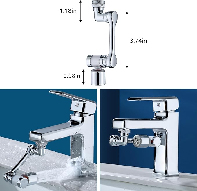 1080°Swivel Faucet Extender with Filter, Sink Water Faucet Aerator Extension in Brass, Swivel Robotic Arm Bathroom Faucet Extender, Kitchen Rotating Extension with 2 Mode Splash