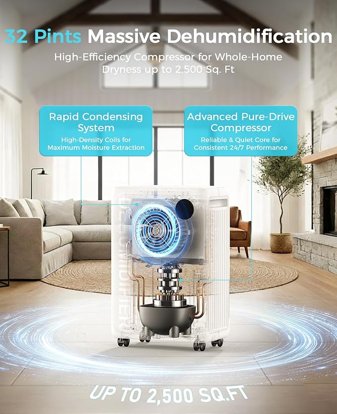 32 Pint Dehumidifier for Basement, 2500 sq.ft Dehumidifiers for Home with Drain Hose, 3 Modes, Auto Defrost, 24H Timer, Quiet Smart Humidity Control for Large Room, Bedroom, Bathroom, RV