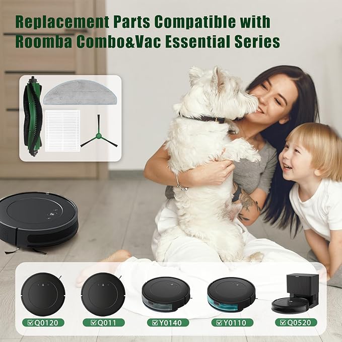 16Pack Replacement Parts for iRobot Roomba Essential Q0120 Y0140 Q0520 Q011 Y0110 Robot Vacuum Cleaner, Accessories Kit:1 Roller Brush,4 HEPA Filters, 4 Mopping Pads,6 Side Brushes,1 Cleaning Brush