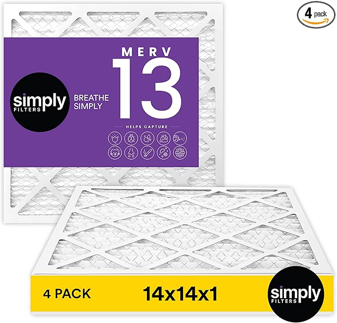 Simply 14x14x1 Air Filter, Merv 13, 4 Pack, For Home AC Furnace & HVAC (Actual Size: 13.75"x13.75"x0.75") DUST, Pet, & Allergy Control