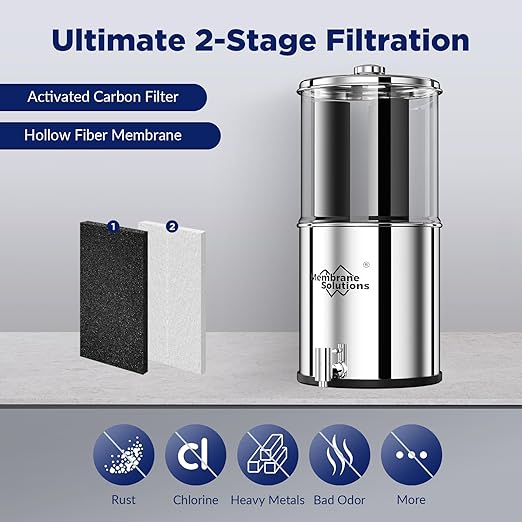 Membrane Solutions Stainless Steel 2.25G Gravity Water Filter, Countertop Water Filtration System with 3 Pack 0.1-Micron UF Filters, for Home, Camping, and RVing