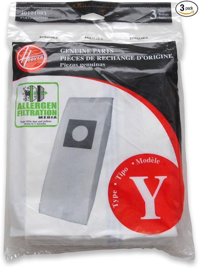 Hoover Vacuum Cleaner Bags for Upright Vacs, Pack of 3, Multicolor, Type Y Allergen Filtration, Part # 4010100Y, Hoover Vacuum Bags Refill
