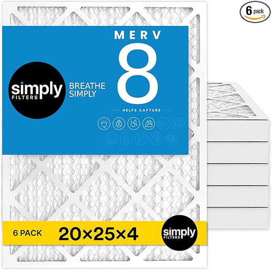 Simply 20x25x4 Air Filter, MERV 8, 6 Pack, Furnace Air Filter for HVAC (Actual Size:19.5"x24.5"x3.63") DUST, Pet, & Allergy Control