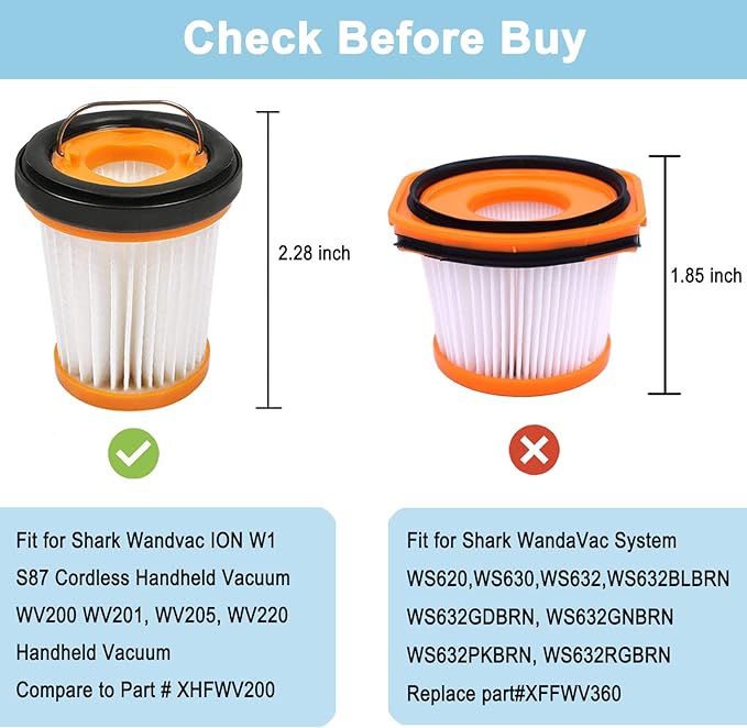 10 Pack WV201BK Vacuum Filters Replacement for Shark Wandvac ION W1 S87 Cordless Handheld Vacuum WV200, WV201, WV205, WV220 Handheld Vacuum, 10 Pack Vacuum Filters, Compare to Part # XHFWV200