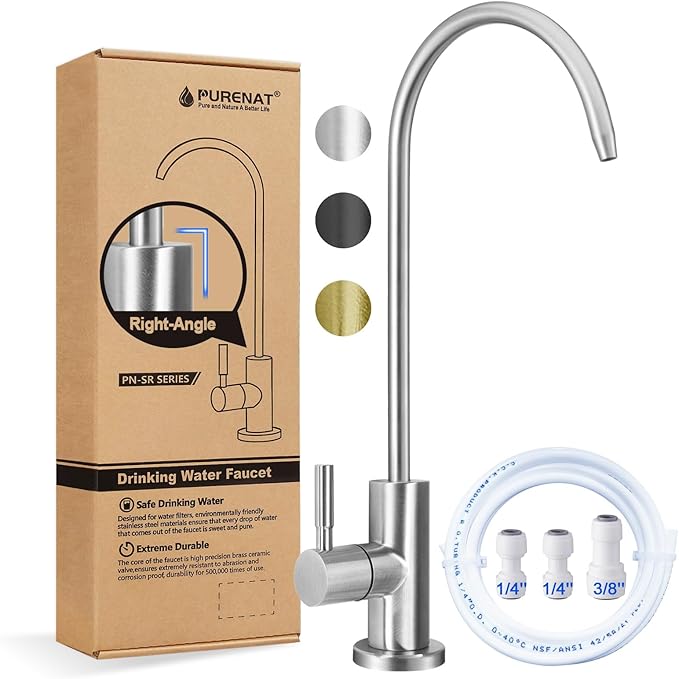 Drinking Water Faucet - Long Thread Stem Filtered Water Tap for Thick Countertop,Lead-Free RO Faucet with Hose and Push Connect Fittings(Brushed Stainless-Flat Top)