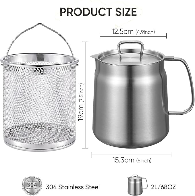 68oz Stainless Steel Oil Filter Pot with Removable Strainer – Bacon Grease Saver, Large Reusable Cooking Oil Container for Kitchen & Camping, Dishwasher-Safe Deep Fryer Basket (2L, Matte)