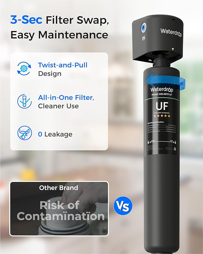 Waterdrop 17UB-UF 0.01 μm Ultra Filtration Under Sink Water Filter System, Reduces Lead, Chlorine, Bad Taste & Odor, 3 Years, with Dedicated Brushed Nickel Faucet, USA Tech