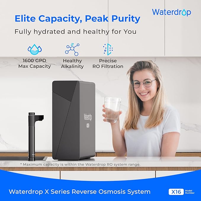 Waterdrop X16 Tankless Reverse Osmosis System, Alkaline Mineral, NSF/ANSI 42&58&372 Certified, 1600 GPD RO System, 11-Stage Filtration, UnderSink, 3:1 Pure to Drain, Smart Black Faucet, BPA Free