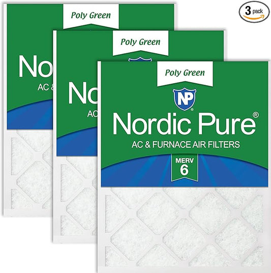 Nordic Pure 25x25x1 (Actual Size: 24 1/2 x 24 1/2 x 3/4) Poly Green MERV 6 AC Furnace Air Filters – Reduces Dust, Pollen, Pet Dander & Allergens – 3-Pack