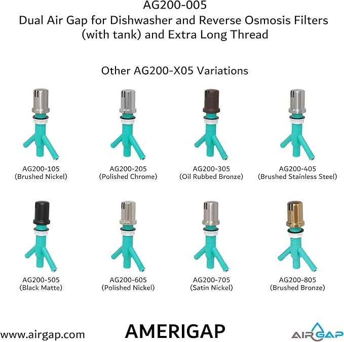 Dual Air Gap for Dishwasher and Reverse Osmosis Filters (with tank) and Extra Long Thread (AG200-005, AG200-002, T52 RO KIT, AMERIGAP)