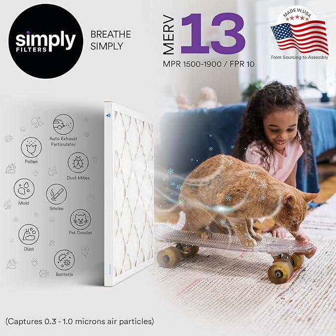 Simply 10x20x1 Air Filter, Merv 13, 4 Pack, For Home AC Furnace & HVAC (Actual Size: 9.75"x19.75"x0.75") DUST, Pet, & Allergy Control
