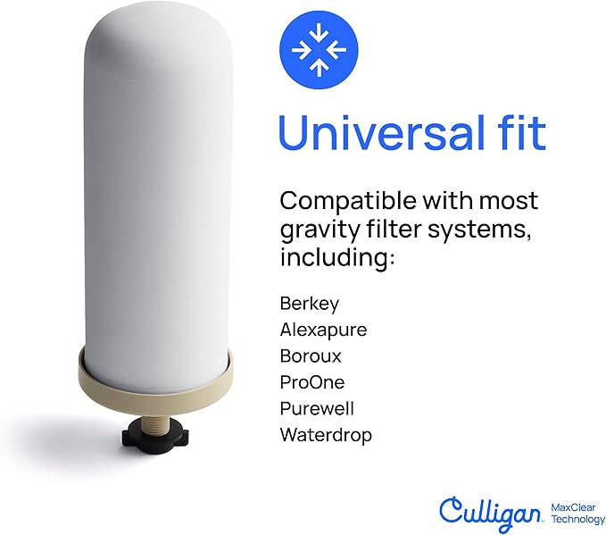 Culligan MaxClear 7” Gravity Water Filter Replacement Compatible with ProOne & Berkey Water Filter Systems, Ceramic & Carbon Filter NSF/ANSI Certified, Reduce Total PFAS, Microplastics & Lead, 1-Pack