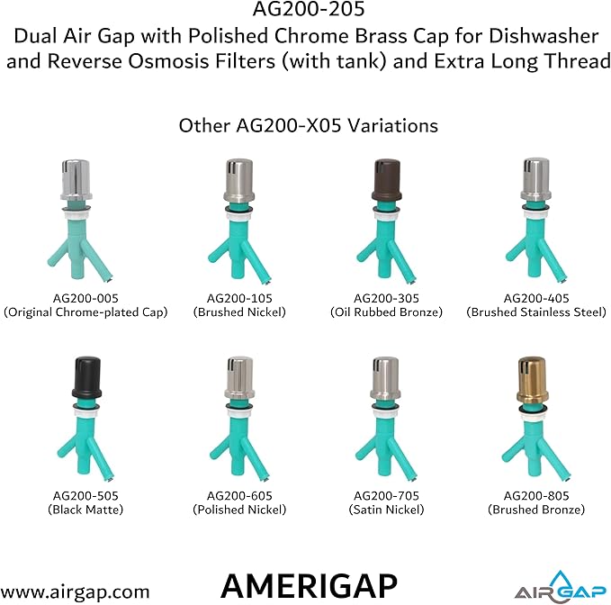 Dual Air Gap with Polished Chrome Brass Cap for Dishwasher and Reverse Osmosis Filters (with tank) and Extra Long Thread (AG200-205, AG200-X05, AMERIGAP)