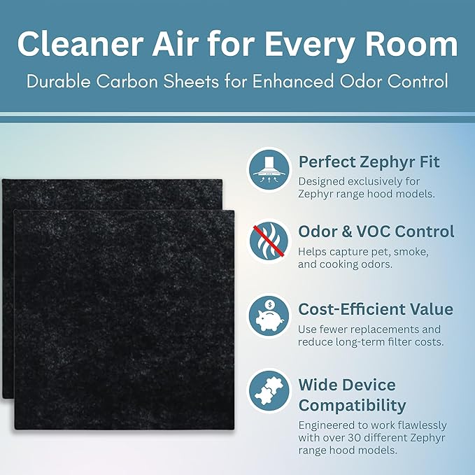 Activated Charcoal Filter For Range Hood - Premium Carbon Filter 11.5" x 11.5" Range Hood Filters Replacement for Zephyr Models - For Odor & Grease Control - 2-pack