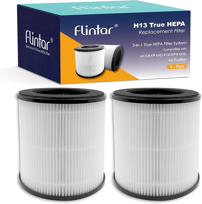 Flintar B-D02L/M05 Replacement Filter, Compatible with MOOKA M05, B-D02L Air Purifier; Works for VEWIOR B-D02U and for Tailulu D10 Air Purifi-er, 3-in-1 H13 True HEPA Filter Set, 2-Pack