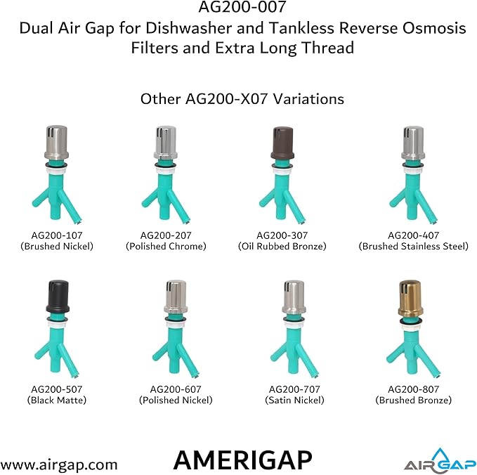 Dual Air Gap for Dishwasher and Tankless Reverse Osmosis Filter with Extra Long Thread (AG200-007 AMERIGAP)