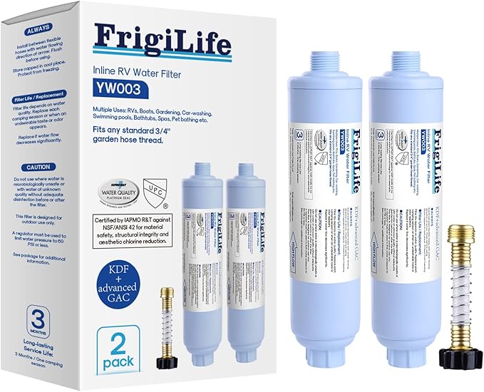 RV Water Filter, NSF/ANSI 42, for RVs Marines, Boats, Campers, for Drinking, Washing, Gardening, Camping, Planting, and Spa, Reduces Chlorine, Bad Taste Odor with Hose Protector, 2PACK