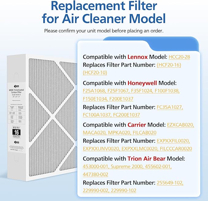 20x25x5 MERV 16 Air Filter Compatible with Lennox HCC20-28 MERV 16 Furnace Filter for HVAC System, Part Number HCF20-16, HCF20-10, 1 Pack