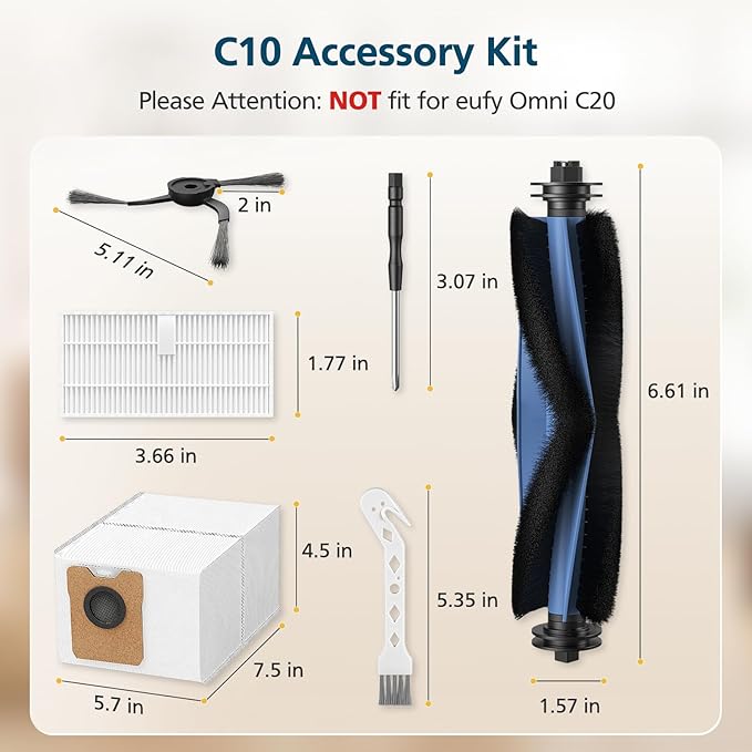 C10 Accessories for eufy C10 Robot Vacuum, 22 Pack Replacement Parts Include: 2* Main Rolling Brush, 6* Washable Filter, 6* Side Brush, 6* Dust Bag, 2* Cleaning Tool
