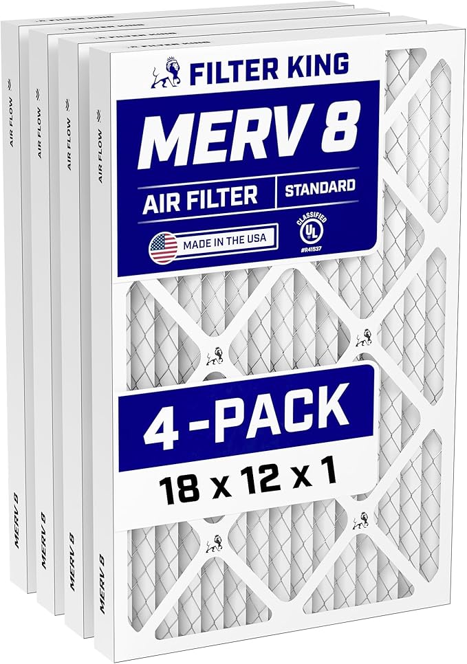 Filter King 18x12x1 Air Filter (MERV 8) (4-Pack) Dust & Allergy Control AC Furnace Filters, MADE IN USA, HVAC, Pleated, Electrostatic (Actual Size: 17.5 x 11.5 x .75)