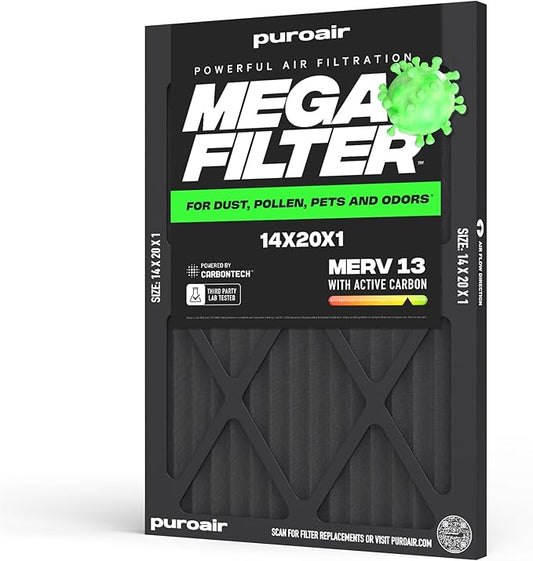 PuroAir MegaFilter - 14x20x1 Air Filter MERV 13 Activated CarbonTech Defense - Heavy Duty 3 Layer Furnace Filters Allergens, Pollen, Dust, Pet Dander, Smoke, Odors - HVAC Air Filter 14x20x1 (1-Pack)