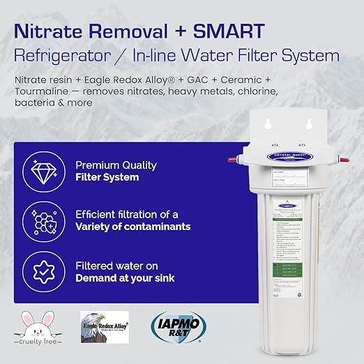 Crystal Quest Nitrate Removal + Smart/in-line Water Filter System Filters Up to 3000 Gallons - Inline Water Filtration for Refrigerator, Ice Maker, Water Cooler and Coffee Makers