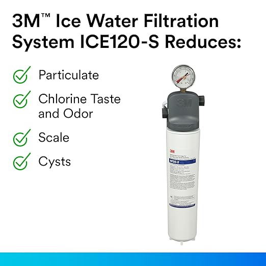 3M Water Filtration Products System for Commercial Ice Maker Machines ICE120-S, Reduces Sediment, Microplastics, Chlorine Taste and Odor, Cysts, Inhibits Scale, 1.5 GPM, 9,000 Gallon Capacity