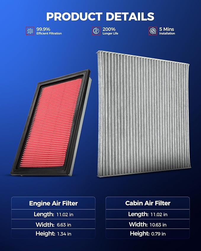 KAX Engine & Cabin Air Filter Kit, Replacement for Nissan Murano 2009-2014, Maxima 2009-2014, Altima 2007-2012 3.5L, Quest 2011-2017, Replace# CA4309 CF11173