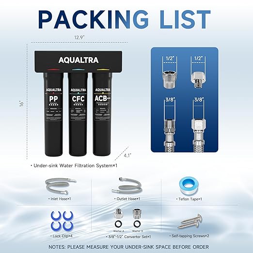 AQUALTRA USF-3B-15 Slightly Alkaline Under Sink Water Filter System, 8K-40K Gallons, 0.5 μm Carbon Fiber Filter Reduces Chlorine, Chloramine, Fluoride, Bad Taste & Odor