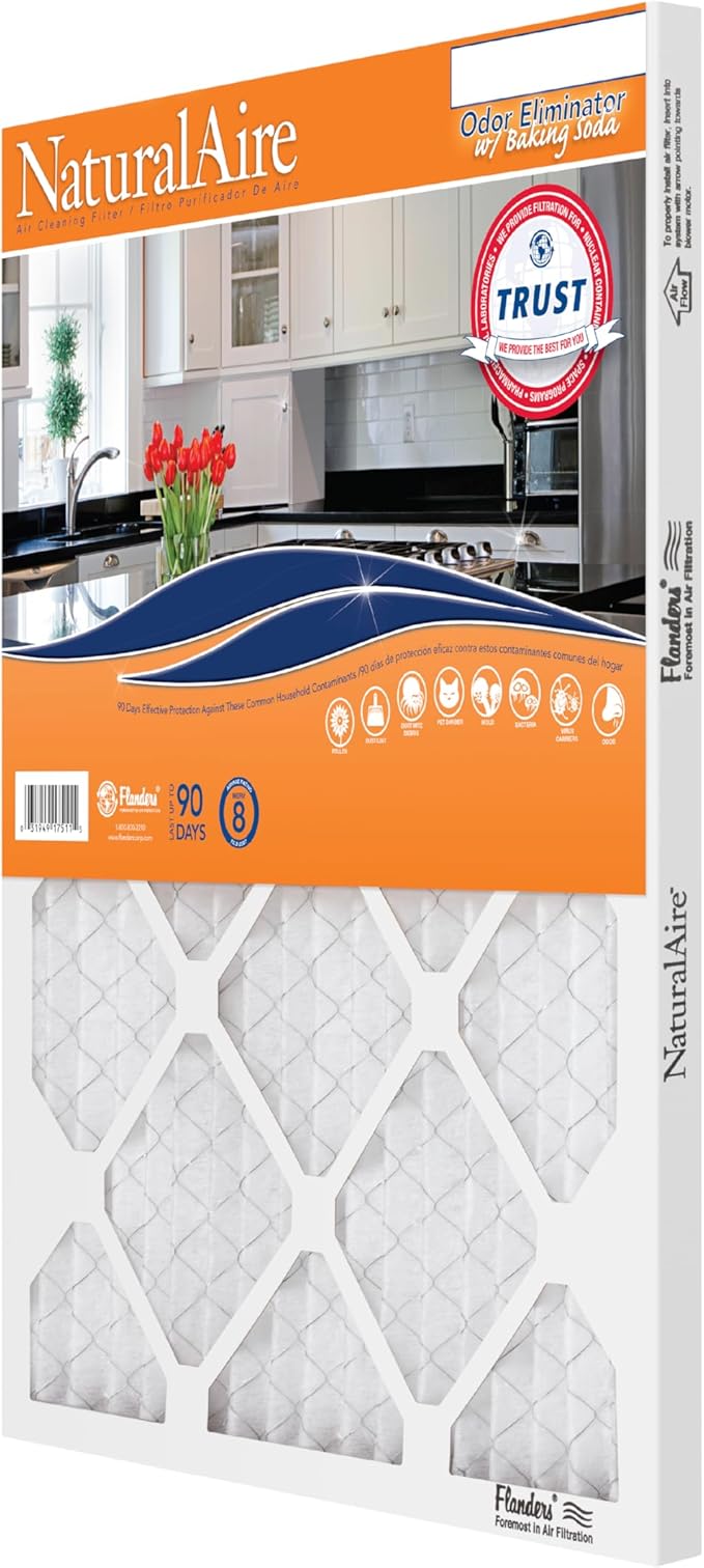 NaturalAire 20x25x1 Pleated Air Filter - Odor Eliminator with Baking Soda, 4-Pack of MERV 8. Controls Household Odors and Traps Harmful Airborne Particles, Lasting Up To 90 Days. 84857.012025